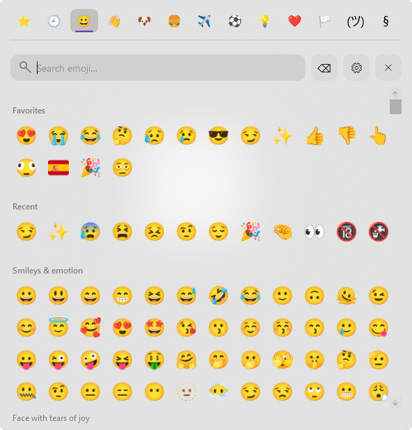 Ventana de Better Emoji Picker con la barra de categorías, el buscador, los favoritos, los recientes y la rejilla de emojis